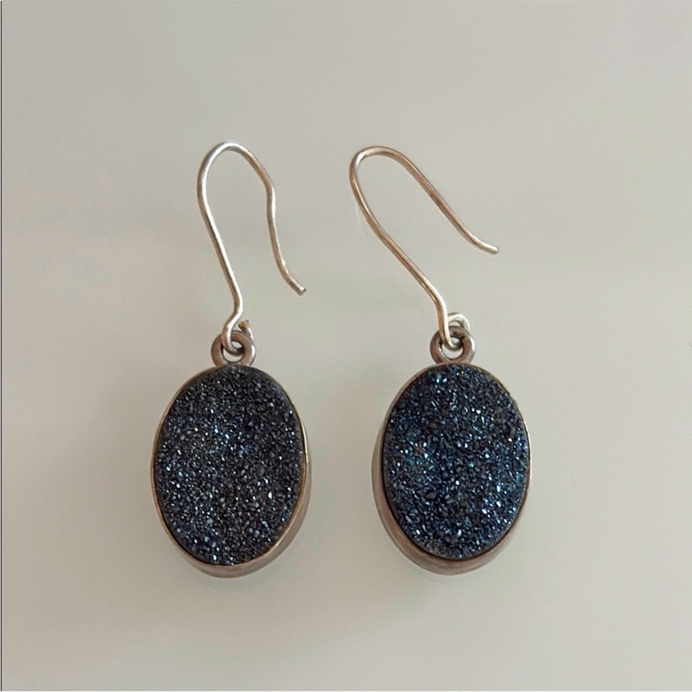 Sterling silver druzzy gemstone sterling Silver blue Black Dangle Earrings